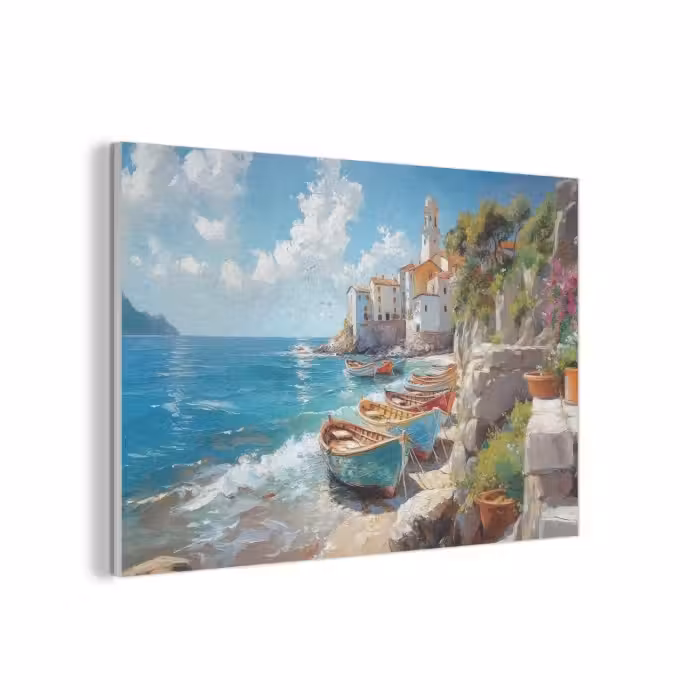 Akoestisch schilderij - Boten - Rotsen - Zee - Zon