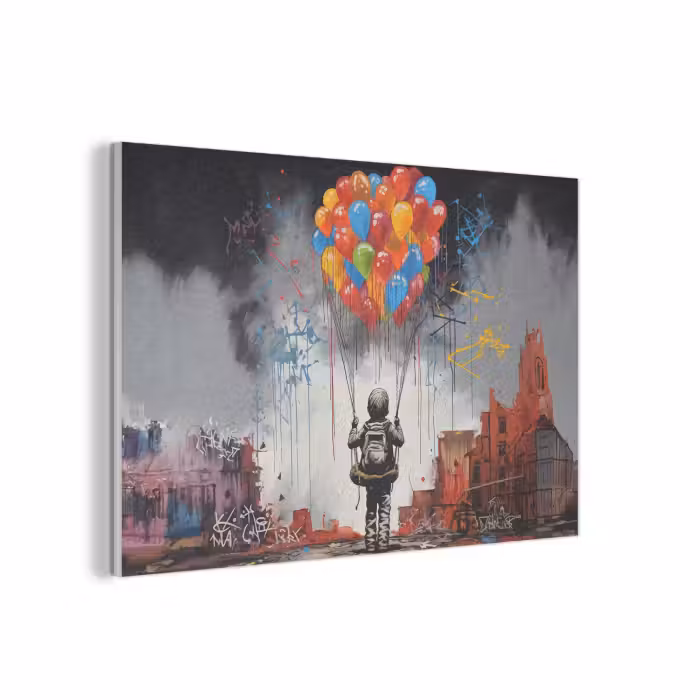 Akoestisch schilderij - Jongen - Ballonnen - Gebouwen - Kunst