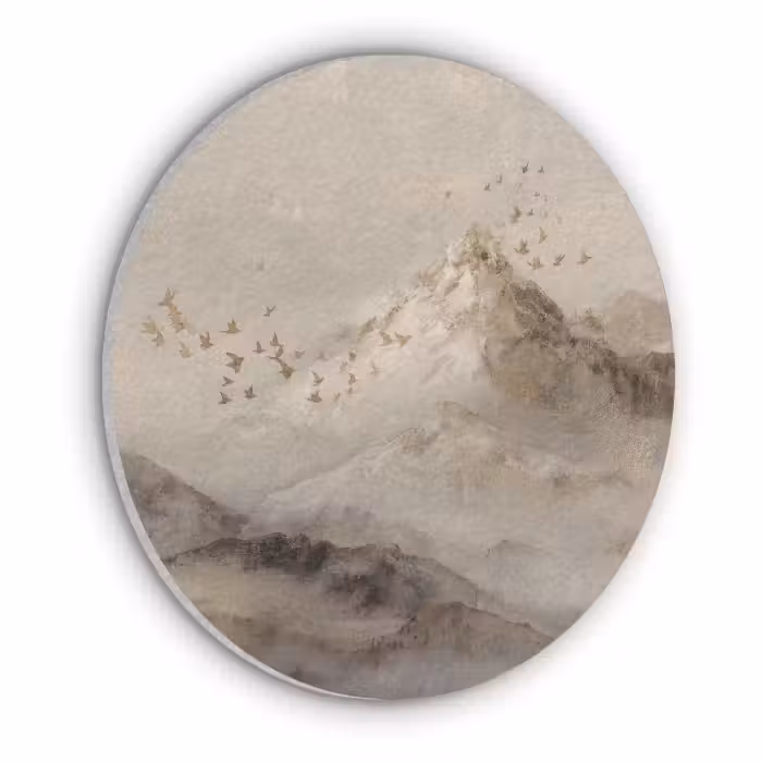 Akoestisch schilderij rond - Berglandschap - Mist  - Penseelstreken