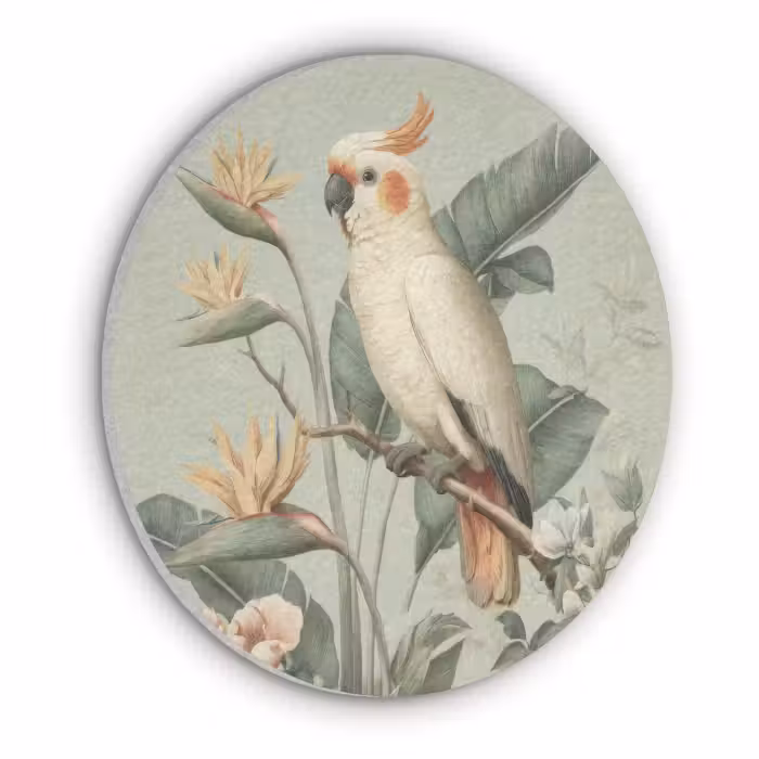 Akoestisch schilderij rond - Gele kuifkaketoe - paradijsvogelbloemen - Groen