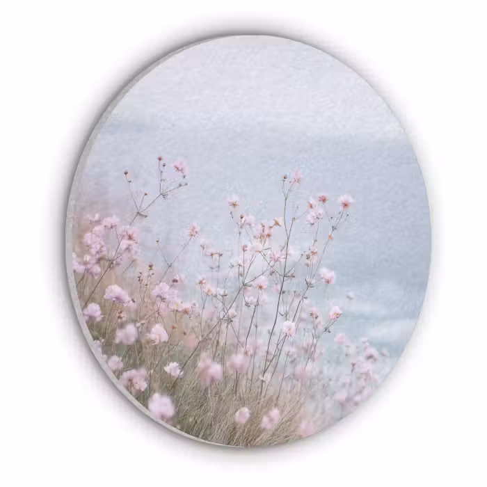 Akoestisch schilderij rond - Klif - Bloemen - Zee - Roze