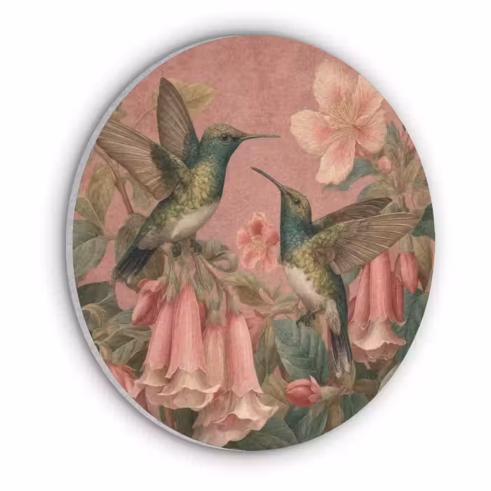 Akoestisch schilderij rond - Kolibries - Bloemen - Groen - Roze