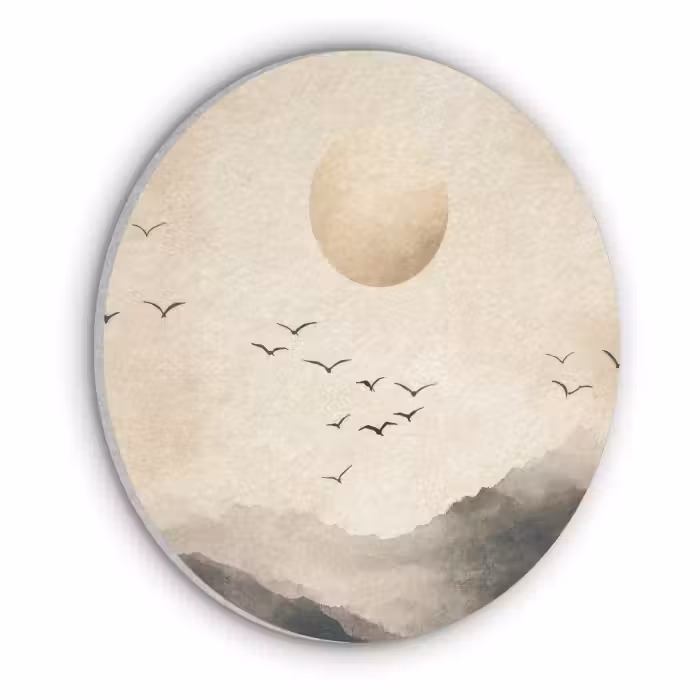 Akoestisch schilderij rond - Landschap - Japandi - vogel