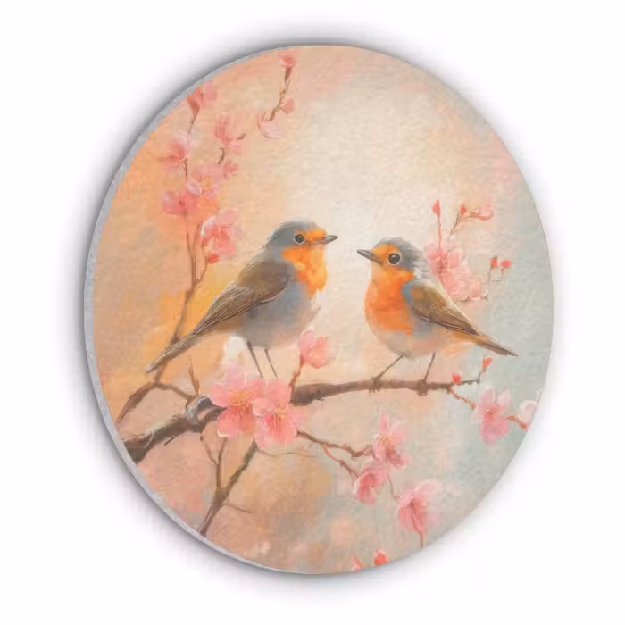 Akoestisch schilderij rond - Roodborstjes - Sierlijk - Bloesemtak