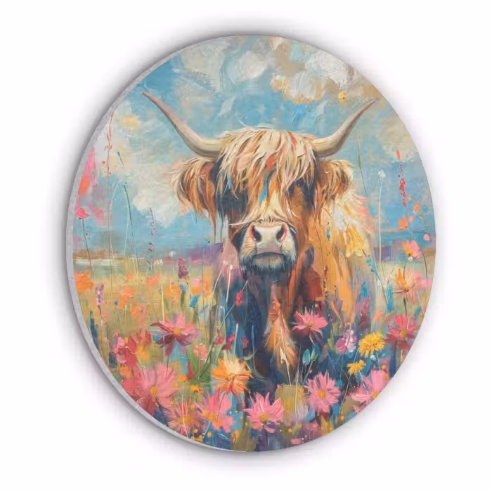 Akoestisch schilderij rond - Schotse hooglander - Natuur - Kleurrijk - Bloemen