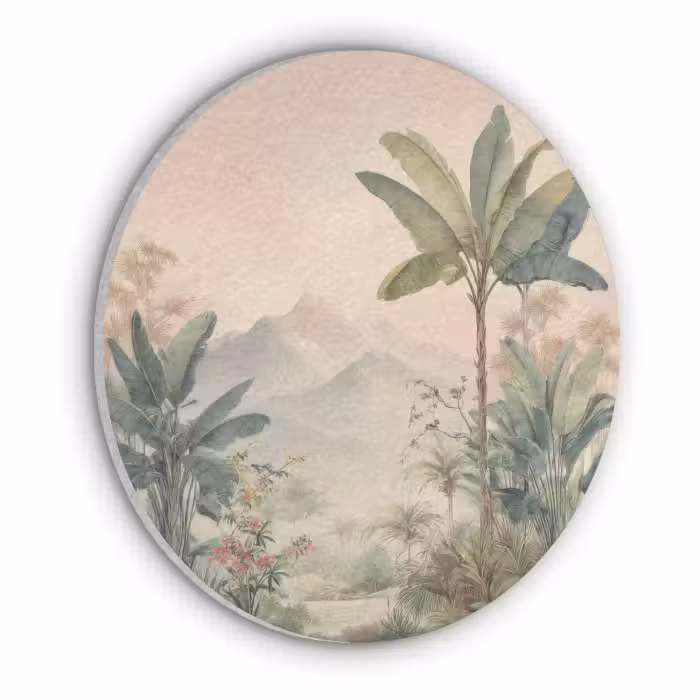 Akoestisch schilderij rond - Tropisch landschap - palmbomen - Bloemen - Roze lucht