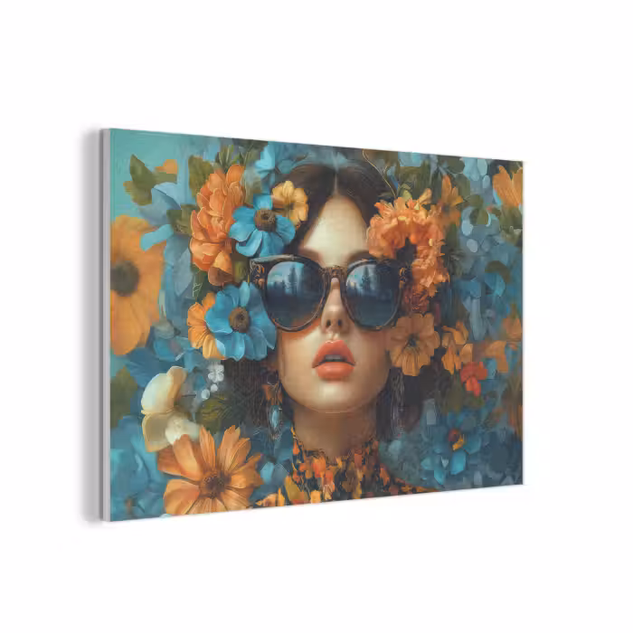 Akoestisch schilderij - Vrouw - Bloemen - Oranje - Blauw - Modern
