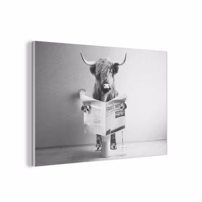 Akoestisch schilderij - WC - Toilet - Krant - Schotse Hooglander - Zwart Wit