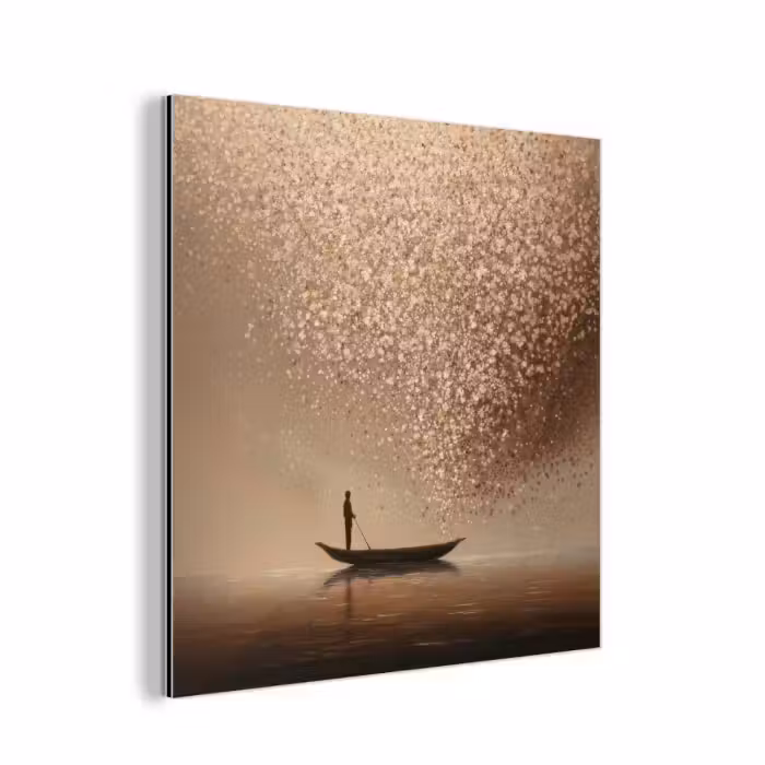 Aluminium schilderij - Bootje - Blaadjes - Goud - Water