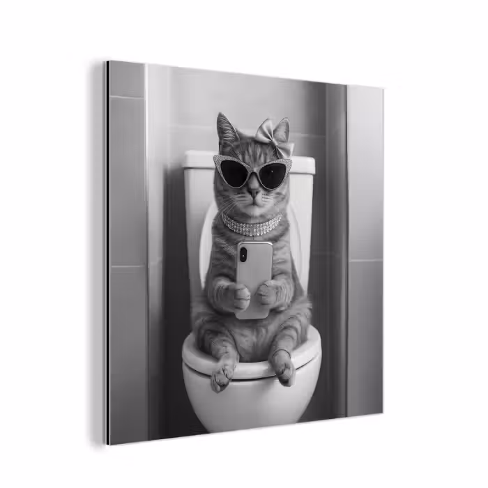 Aluminium schilderij - Kat - Telefoon - Toilet - Zwart - Wit