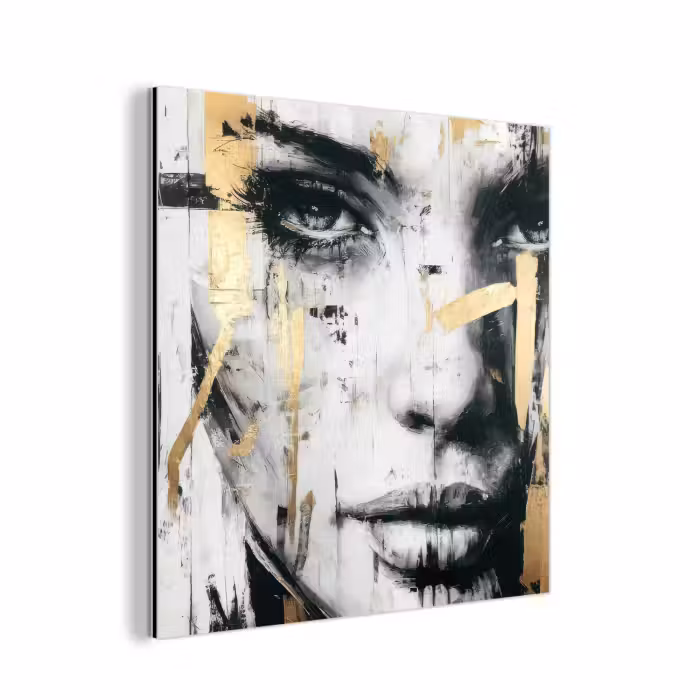 Aluminium schilderij - Portret - Vrouw - Penseelstreken - Goud