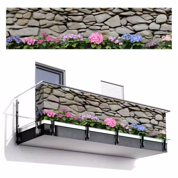 Balkonscherm - Hortensia’s - Stenen - Muur - Bloemen