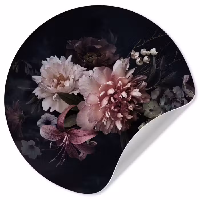 Behangcirkel - Bloemen - Vintage - Pastel - Zwart - Boeket
