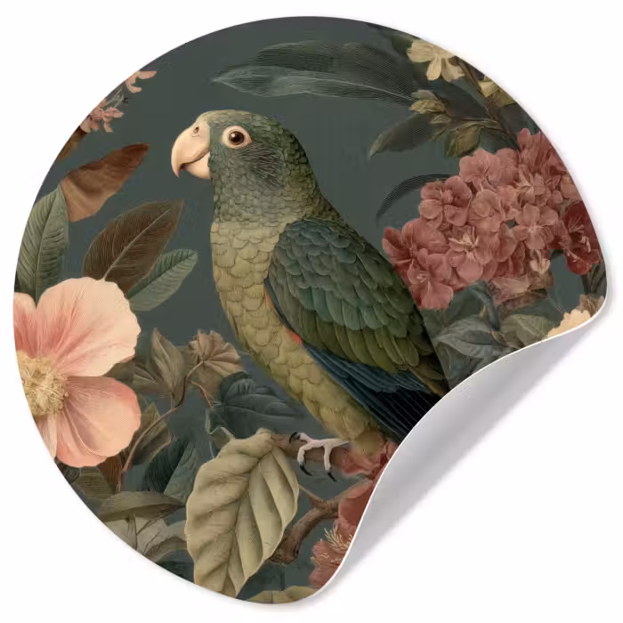 Behangcirkel - Groene papegaai - Kleurrijke bloemen - Donkere achtergrond
