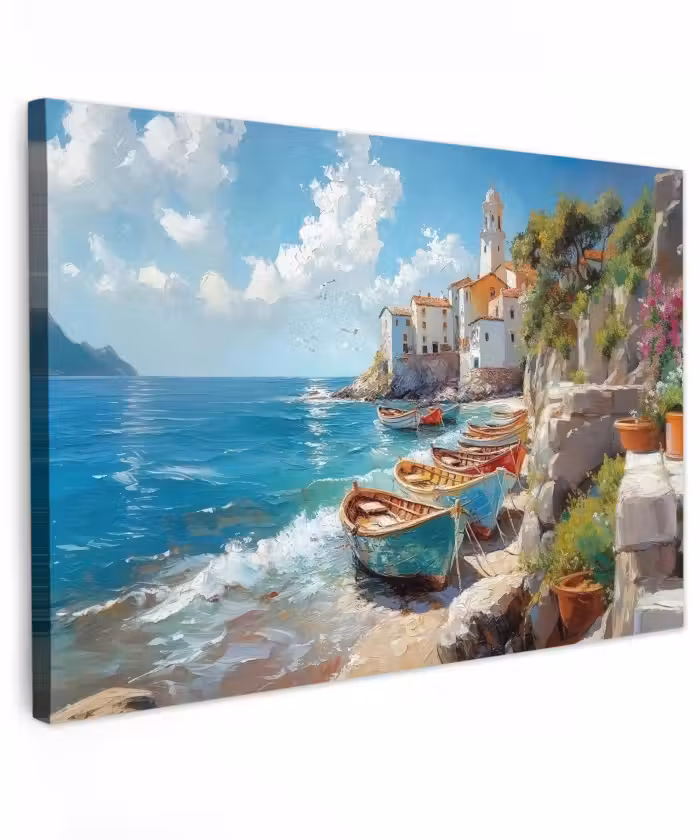 Buiten canvas - Boten - Rotsen - Zee - Zon