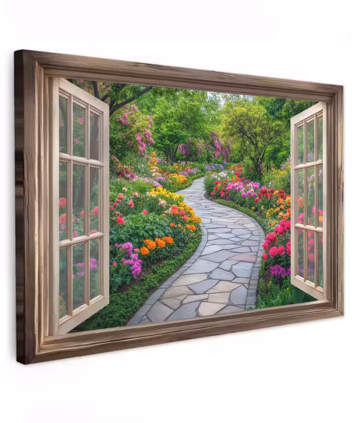 Buiten canvas - Doorkijk - Bloemen - Tuinpad - Natuur - Raam