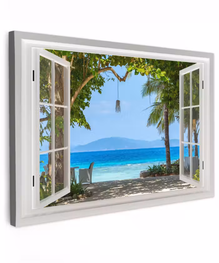 Buiten canvas - Doorkijk - Boom - Zee - Palmboom - Heuvels - Strand - Blauw