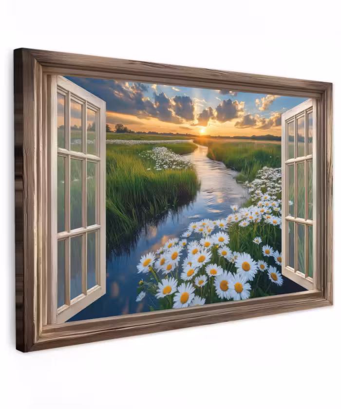 Buiten canvas - Doorkijk - Landschap - Raam - Water - Zonsondergang