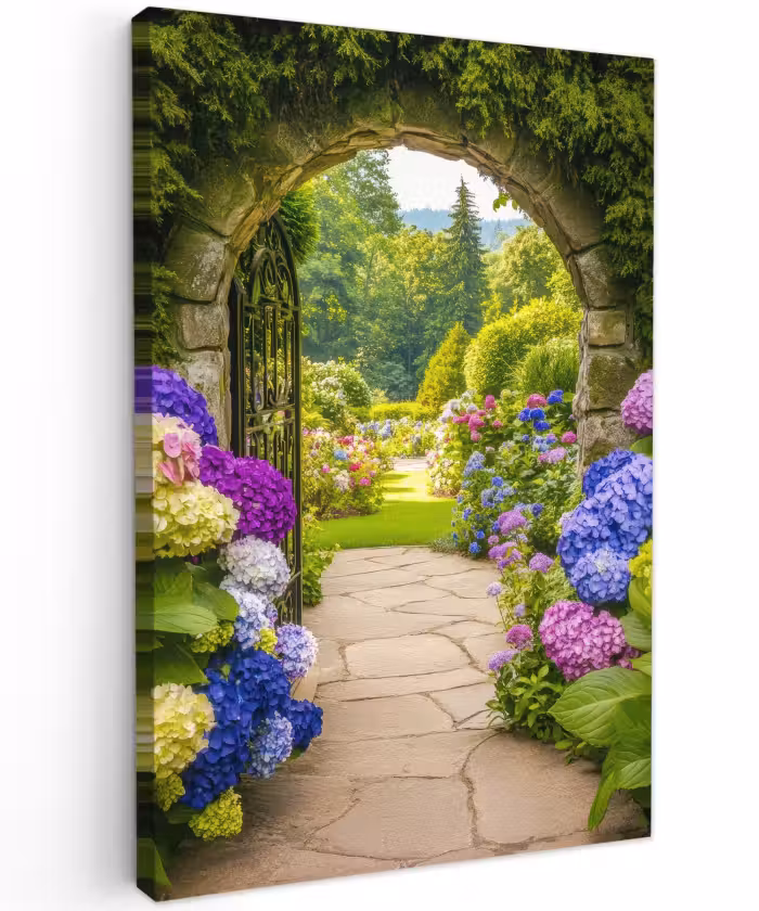 Buiten canvas - Doorkijk - Poort - Hortensia - Bloementuin
