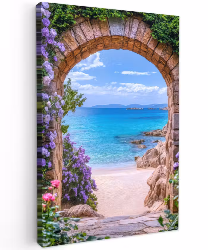 Buiten canvas - Doorkijk - Poort - Zee - Strand - Rotsen