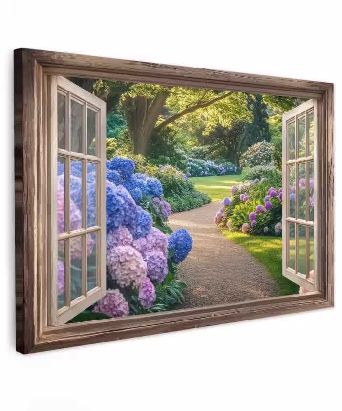 Buiten canvas - Doorkijk - Tuin - Raam - Hortensia - Bloemen