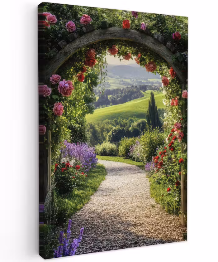Buiten canvas - Doorkijk - Tuinboog - Bloemen - Natuur - Pad