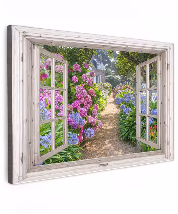 Buiten canvas - Hortensia - Doorkijk - Bloemen - Zomer - Paars - Pad