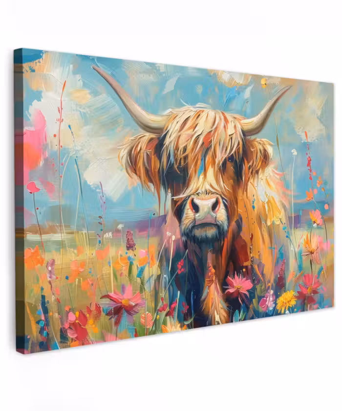 Buiten canvas - Schotse hooglander - Natuur - Kleurrijk - Bloemen