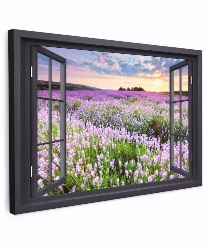 Buiten canvas - Uitzicht op Lavendelveld bij Zonsondergang