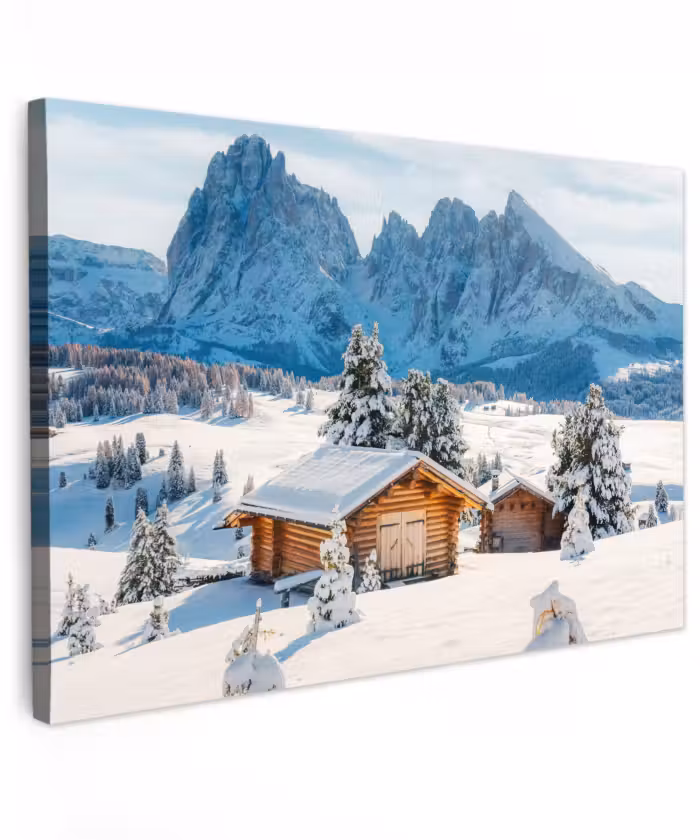 Buiten canvas - Winter - Huisje - Bergen - Uitzicht - Sneeuw