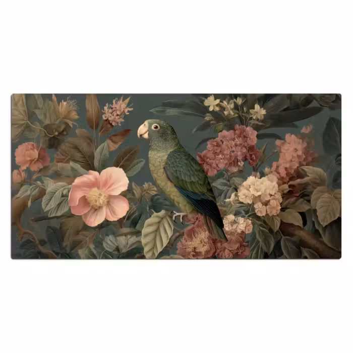 Bureau onderlegger - Groene papegaai - Kleurrijke bloemen - Donkere achtergrond