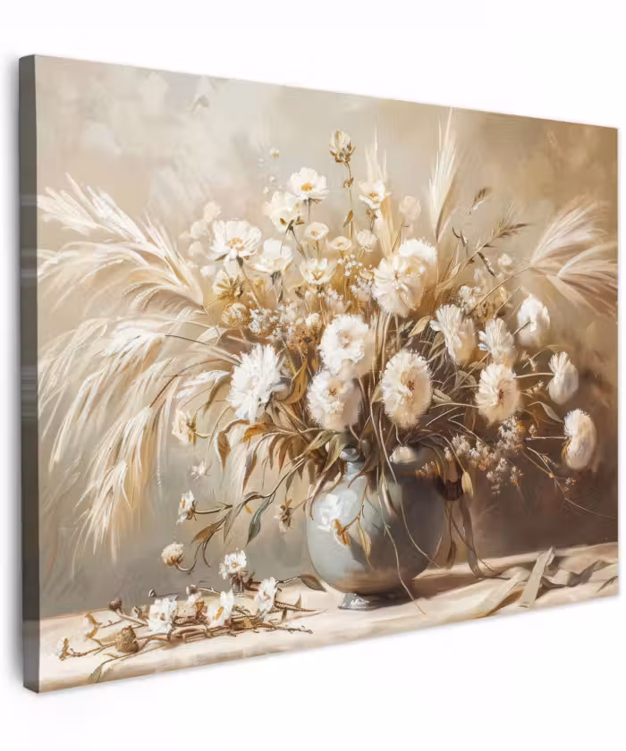 Canvas schilderij - Bloemen - Vaas - Stilleven - Beige