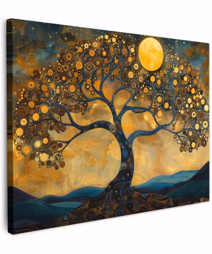 Canvas schilderij - Boom - Maan - Bloemen - Goud - Kunst
