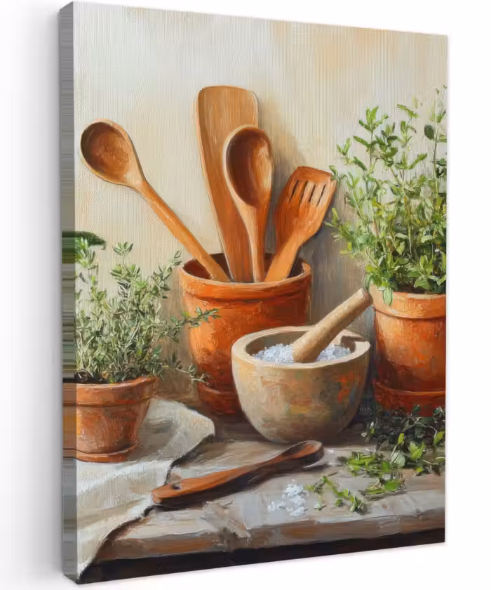 Canvas schilderij - Potten - Kruiden - Hout