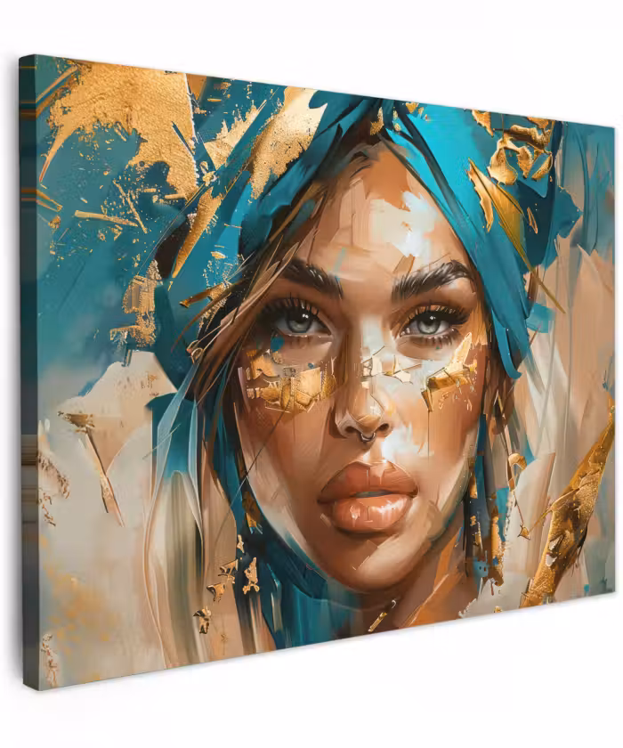 Canvas schilderij - Vrouw - Portret - Goud - Luxe - Blauw