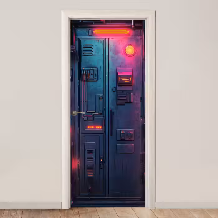 Deursticker - Deur - Futuristisch - Blauw - Roze - Neon