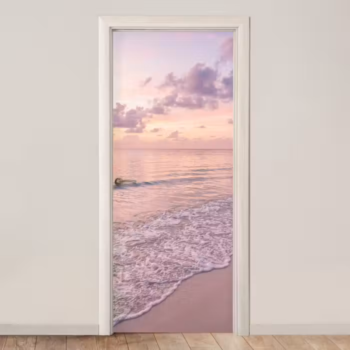 Deursticker - Strand - Zonsondergang - Natuur - Minimalistisch - Roze
