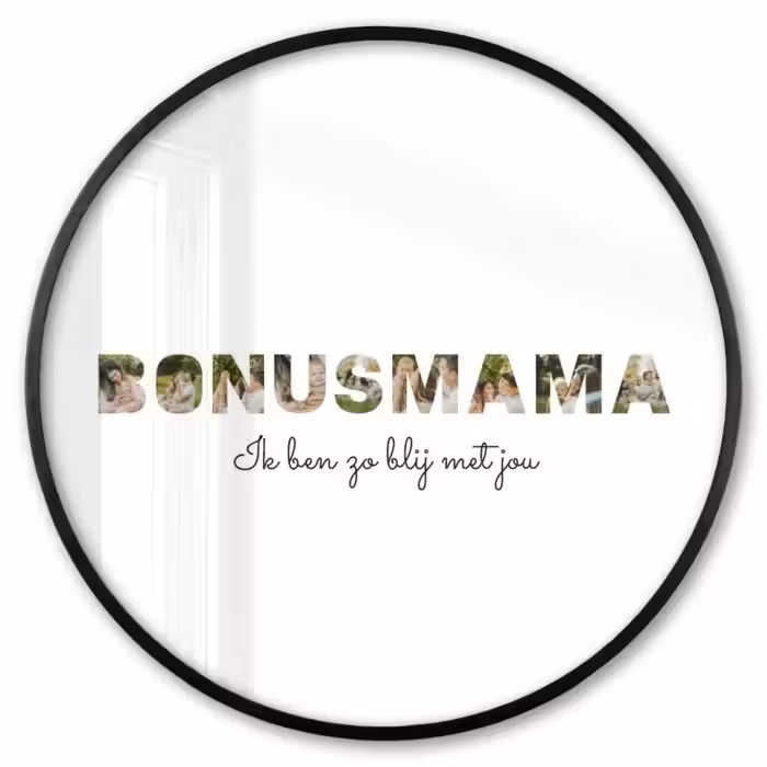 Gepersonaliseerde ronde fotolijst - Bonusmama - Lettercollage