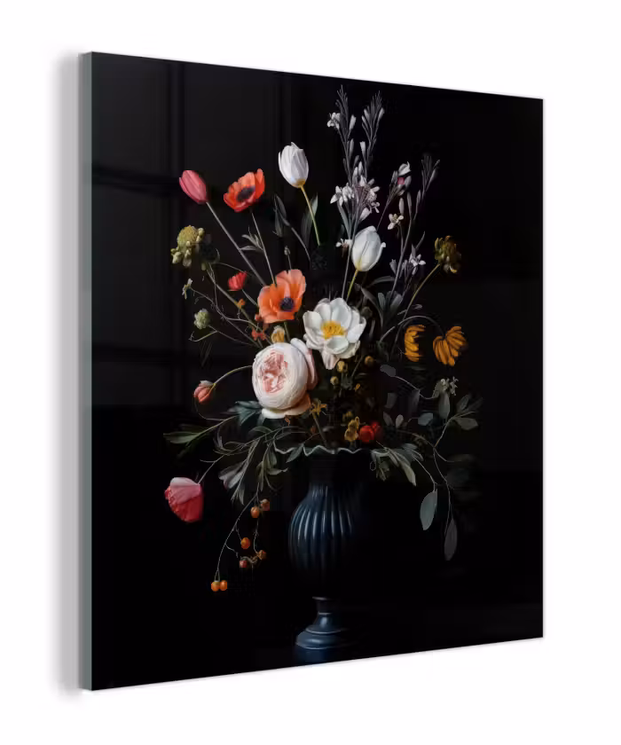 Glas schilderij - Bloemstuk - Vaas - Zwart