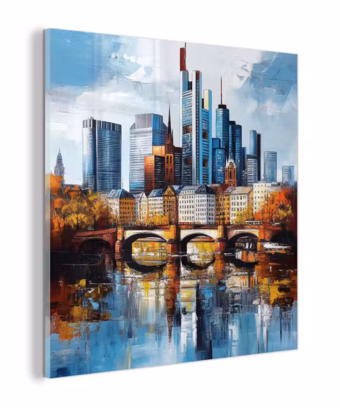 Glas schilderij - Bomen Frankfurt- Stad - Skyline - Brug