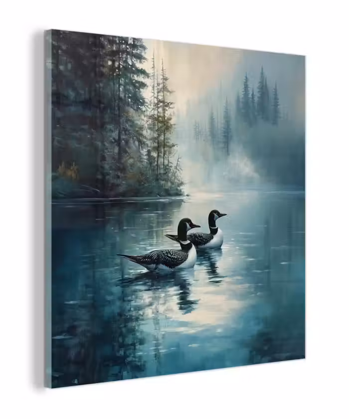 Glas schilderij - Bos - Water - Eenden - Mistig