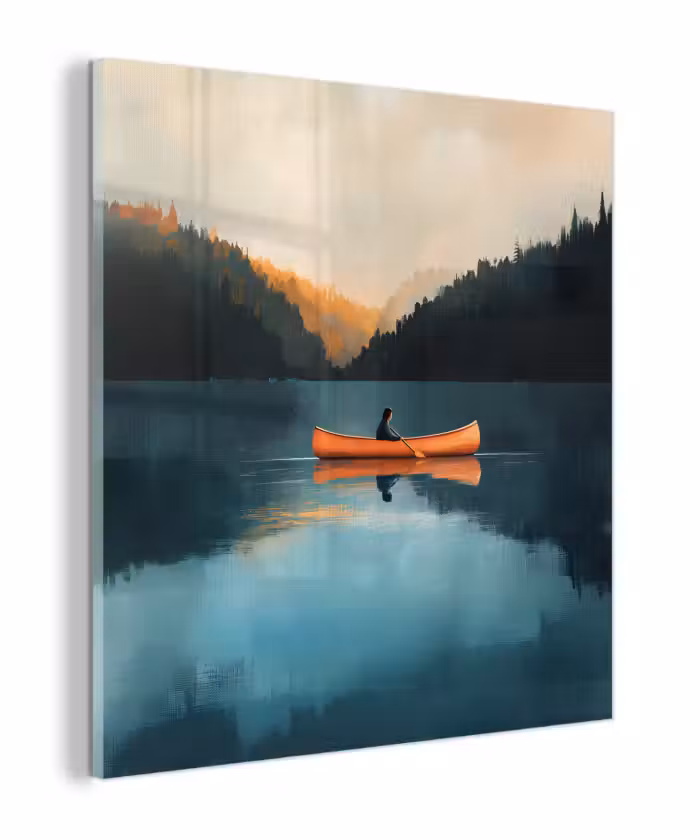 Glas schilderij - Bossen - Meer - Kano - Oranje