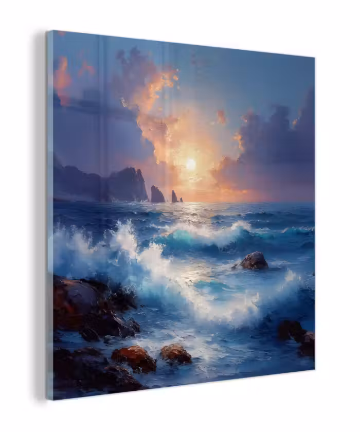 Glas schilderij - Golven - Zee - Kleurrijk - Rotsen