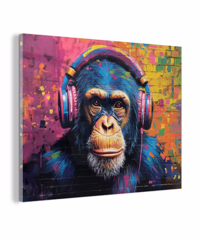 Glas schilderij - Graffiti - Chimpanzee - Street art - Koptelefoon - Aap