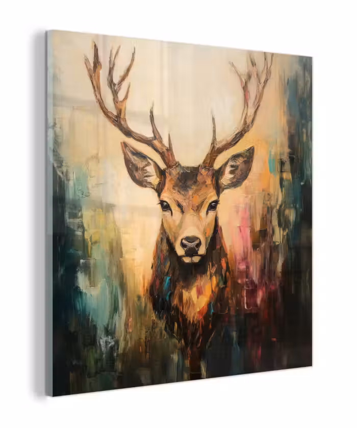 Glas schilderij - Hert - Geverfd - Gewei - Bruin