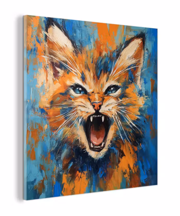 Glas schilderij - Kat - Kleurrijk - Oranje - Blauw