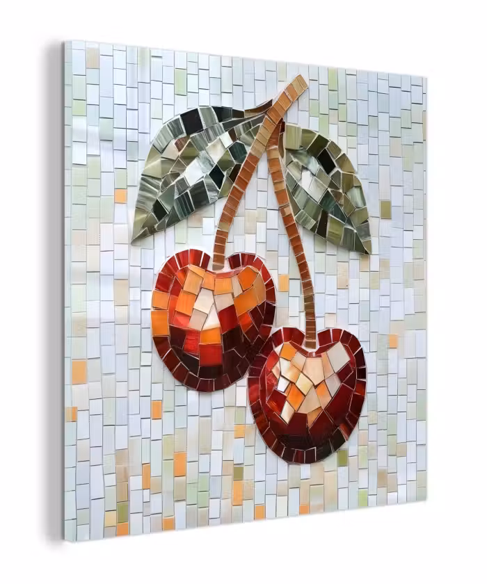 Glas schilderij - Kersen - Rood - Mozaïek - Blaadjes