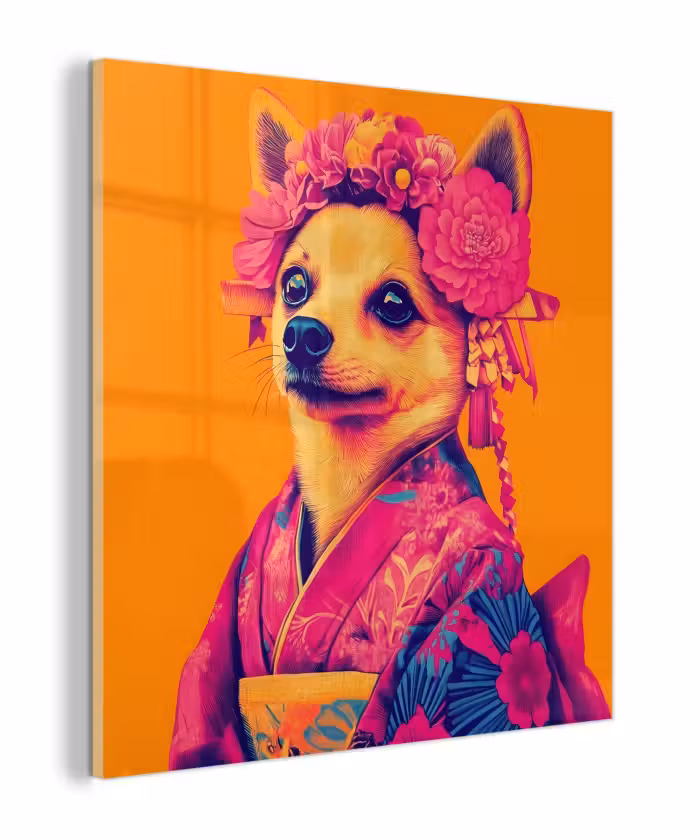 Glas schilderij - Kimono - Hondje - Bloemenkroon - Oranje