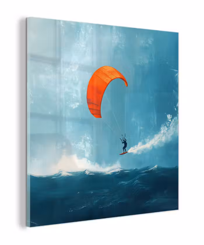 Glas schilderij - Kitesurfer - Oranje - Zee - Lucht
