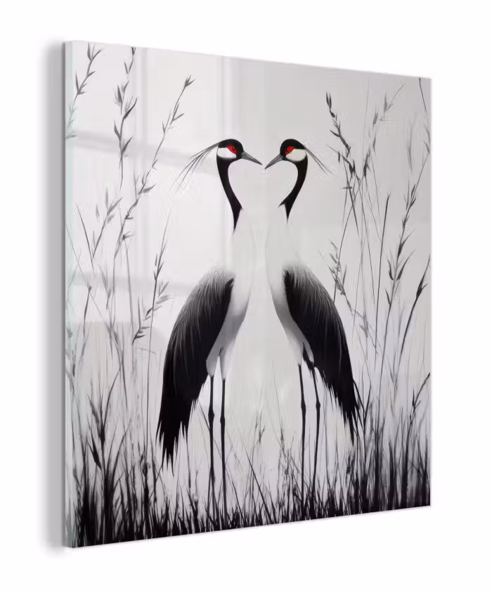 Glas schilderij - Kraanvogels - Gras - Hartvorm - Zwart